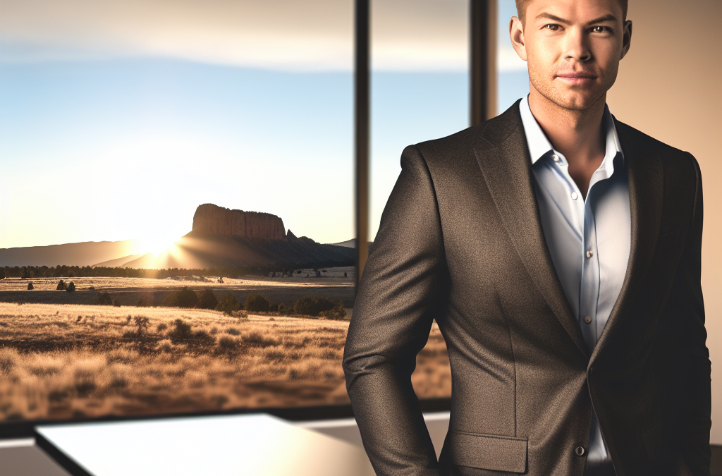 Entrepreneur in a modern office in Western Colorado with mesas in the background