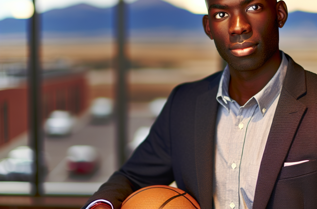 Entrepreneur in a modern office holding a basketball with Colorado mountains in the background